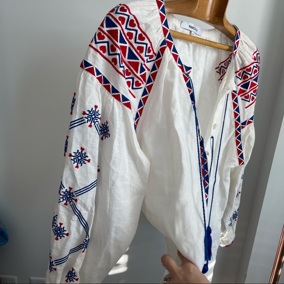 MARCH 11 Tunic Dress White Linen Embroidered Balloon Sleeve Peasant Button Front - Picture 8 of 11